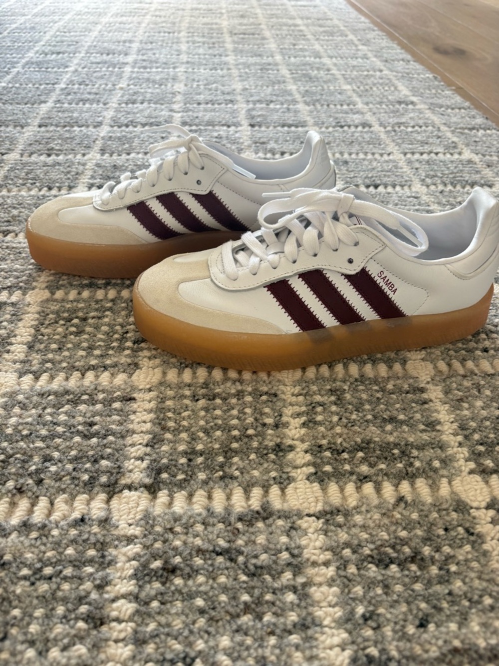 adidas Samba White with Maroon Stripes and Gum Sole - Picture 3 of 6